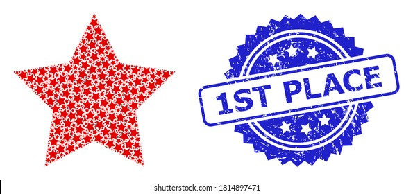 1St Place rubber seal and vector fractal collage red star. Blue stamp seal contains 1St Place caption inside rosette. Vector collage is formed with scattered rotated red star pictograms.