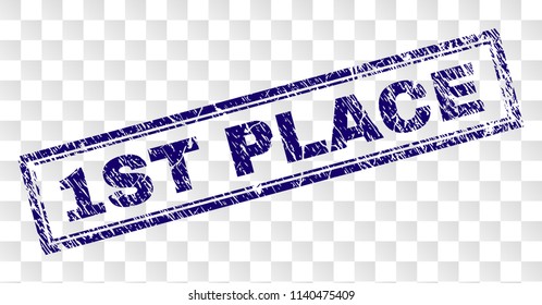 1ST PLACE stamp seal print with rubber print style and double framed rectangle shape. Stamp is placed on a transparent background. Blue vector rubber print of 1ST PLACE title with unclean texture.