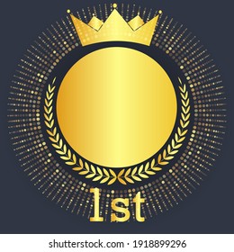 1st place winner profile picture medal icon concept with golden crown and laurel. Vector illustration