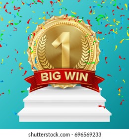 1st Place Winner Vector. Gold Medal Realistic. First Placement Achievement.  Competition Game Golden Achievement. Winner Trophy Award. White Winners Podium.