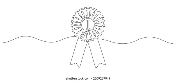 1st Rosette Stamp award badge in one continuous line drawing. Premium quality product and high warranty concept or logo and divider in simple linear style. Editable Stroke. Doodle vector illustration