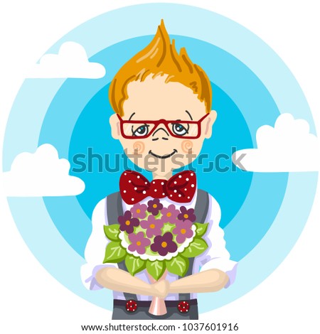 1st school day, september education, color hand paint draw of smile school boy red glasses who take a bouquet flowers to his teacher at school, to mam, to girl, blue sky with white cloud background