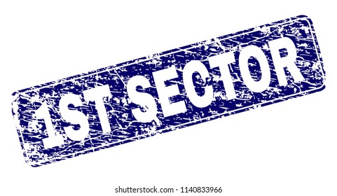 1ST SECTOR stamp seal print with grunge style. Seal shape is a rounded rectangle with frame. Blue vector rubber print of 1ST SECTOR label with corroded style.
