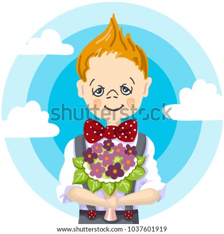 1st september, school day education, smile school boy blond hair who take a bouquet flowers to teacher, to mam, to girl, blue sky with white cloud background