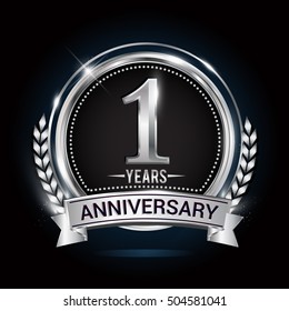 1st silver anniversary logo with laurel wreath, ribbon and silver ring. vector design