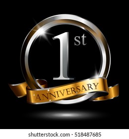 1st silver and gold anniversary logo, vector celebration design with ring and ribbon.