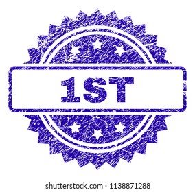 1ST stamp watermark with corroded style. Blue vector rubber seal print of 1ST label with corroded texture.