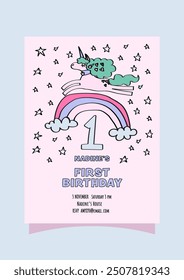 1st unicorn-themed birthday party invitation card.