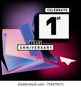 1st year anniversary card with colorful background. First year birthday logo on geometric colorful background.