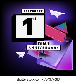 1st year anniversary card with colorful background. First year birthday logo on geometric colorful background.