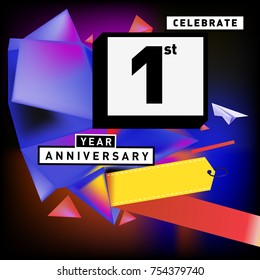 1st year anniversary card with colorful background. First year birthday logo on geometric colorful background.