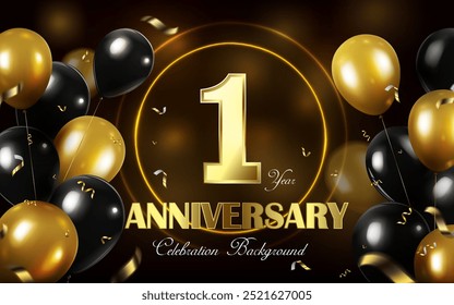 1st year anniversary celebration abstract background and elegant golden and black balloons, gold 1 number anniversary celebrating  creative and modern bright banner.