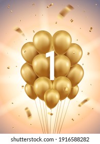1st Year anniversary celebration background. Golden balloons and confetti with sunbeams in background.