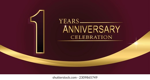 1st Year anniversary celebration background. Golden lettering and a gold ribbon on dark maroon background,vector design for celebration, invitation card, and greeting card.