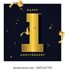 1st Year anniversary celebration background. 3D Golden numbers with bent ribbon, confetti