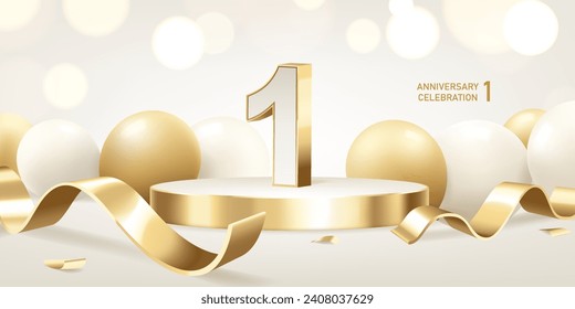 1. Jubiläum-Hintergrund. Goldene 3D-Zahlen auf rundem Podium mit goldenen Bändern und Ballons mit Bokeh-Beleuchtung im Hintergrund.