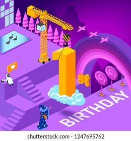 1st year Anniversary Celebration concept with characters. Flat isometric vector illustration