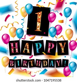 1st year Anniversary Celebration Design with balloons and gift box, Colorful design elements for banner and invitation card.