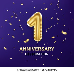 1st year Anniversary celebration design template. Number one in the form of a golden balloon witt gold sparkles confetti. Blue background. Realistic style. Vector illustration.