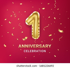 1st year Anniversary celebration design template. Number one in the form of a golden balloon witt gold sparkles confetti. Red background. Realistic style. Vector illustration.