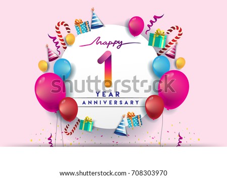 1st year Anniversary Celebration Design with balloons and gift box, Colorful design elements for banner and invitation card.