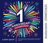 1st year anniversary celebration emblem. anniversary logo isolated with red ribbon and colorful fireworks sparkle and twinkle. vector illustration template design for web, flyers, poster, greeting