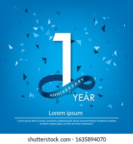 1st year anniversary celebration emblem. white anniversary logo isolated with blue circle ribbon. vector illustration template design for web, poster, flyers, greeting card and invitation card