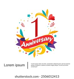 1st year anniversary celebration emblem logo isolated colorful and cheerful with leaves and ribbons and stars on white background. vector illustration template design for web, flyers, poster, greeting