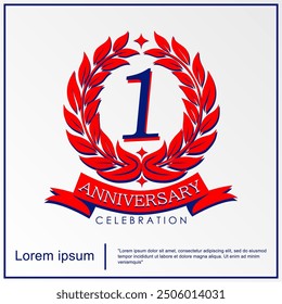 1st year anniversary celebration emblem. anniversary logo isolated with red ribbon and laurel wreath. vector illustration template design for web, flyers, poster, greeting