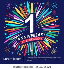 1st year anniversary celebration emblem. anniversary logo isolated with red ribbon and colorful fireworks sparkle and twinkle. vector illustration template design for web, flyers, poster, greeting