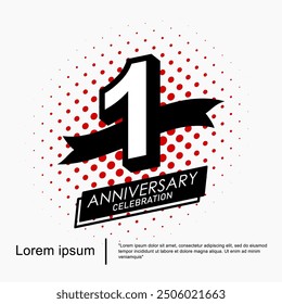 1st year anniversary celebration emblem. black logo isolated with ribbon on white background. vector illustration template design for web, flyers, poster, greeting card and invitation card