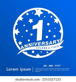 1st year anniversary celebration emblem. white anniversary logo isolated with ribbon and stars ball on blue background. vector illustration template design for web, flyers, poster, greeting card