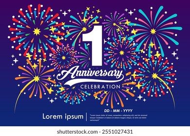 1st year anniversary celebration emblem. anniversary logo isolated with ribbon, sparkle, twinkle fireworks and stars. vector illustration template design for web, flyers, poster, greeting card