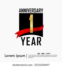 1st year anniversary celebration emblem. elegant golden anniversary logo isolated with red ribbon on white background. vector illustration template design for web, flyers, poster, greeting card