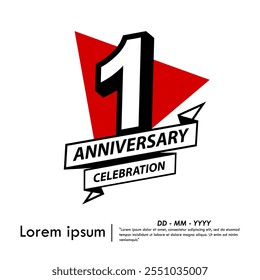 1st year anniversary celebration emblem. black anniversary logo isolated with ribbon and red triangle on white background. vector illustration template design for web, flyers, poster, greeting card