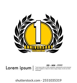 1st year anniversary celebration emblem. anniversary logo isolated with laurel wreath on white background. vector illustration template design for web, flyers, poster, invitation card, greeting card