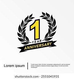 1st year anniversary celebration emblem. anniversary logo isolated with laurel wreath and ribbon. vector illustration template design for web, flyers, poster, invitation card or greeting card