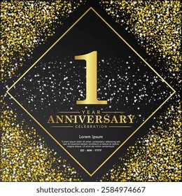 1st year anniversary celebration emblem. elegant golden anniversary logo isolated with stars glittering on black background. vector illustration template design for web, flyers, poster, greeting car