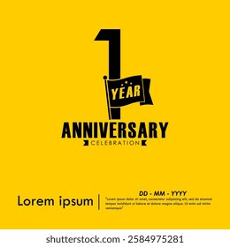 1st year anniversary celebration emblem. anniversary logo isolated with flag pole on yellow background. vector illustration template design for web, flyers, poster, greeting card
