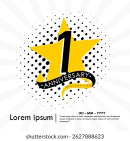1st year anniversary celebration emblem. congratulations anniversary logo isolated with ribbon and star on white background. vector illustration template design for web, flyers, poster, greeting 