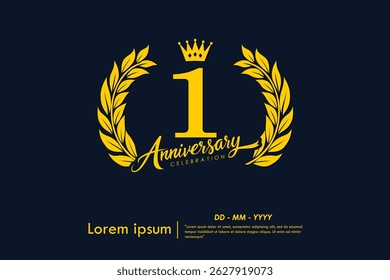 
1st year anniversary celebration emblem. yellow anniversary logo isolated with laurel wreath and crown on dark background. vector illustration template design for web, flyers, poster, greeting card