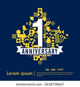 1st year anniversary celebration emblem. congratulations anniversary logo isolated with ribbon and neo geometric on blue background. vector illustration template design