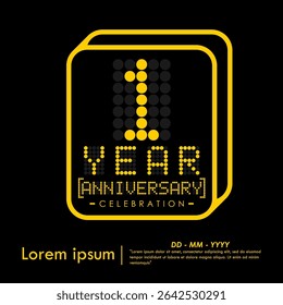 1st year anniversary celebration emblem. yellow anniversary logo isolated medal badge of digital dotted with letters, numbers on black background. vector illustration template design for web banner