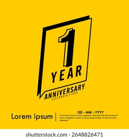 1st year anniversary celebration emblem. congratulations anniversary black logo isolated with speech ribbon badge on yellow background. vector illustration template design for web banner.