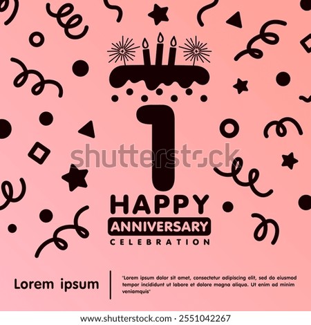 1st year anniversary celebration emblem. Happy anniversary logo isolated birthday cake and candle with confetti line doodle. vector illustration template design for web, flyers, poster, greeting