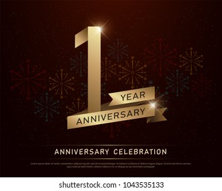 1st Year Anniversary Celebration Gold Number And Golden Ribbons With Fireworks On Dark Background.  Vector Illustration