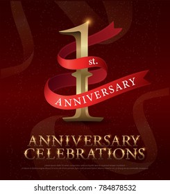 1st Year Anniversary Celebration Golden Logo With Red Ribbon On Red Background. Vector Illustrator