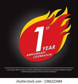 1st year anniversary celebration. anniversary logo with spark and ball fire isolated on black background,vector illustration template design for celebration, invitation card, and greeting card