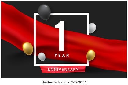 1st year Anniversary celebration logo, isolated on red ribbon and balloon, vector elements for banner, invitation card and birthday party.