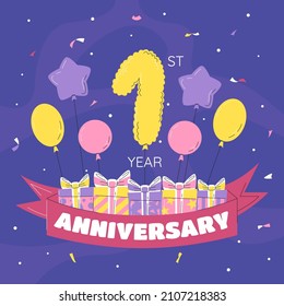 1st year anniversary celebration poster. Golden balloon number with sparkling confetti, gift boxes and ribbon. Birthday party event decoration, festive elements. Vector hand drawn flat illustration svg